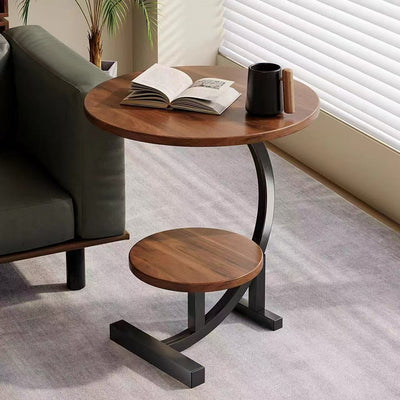 Contemporary Scandinavian Wood Iron C-Shaped Round End Table 2-Tier For Living Room