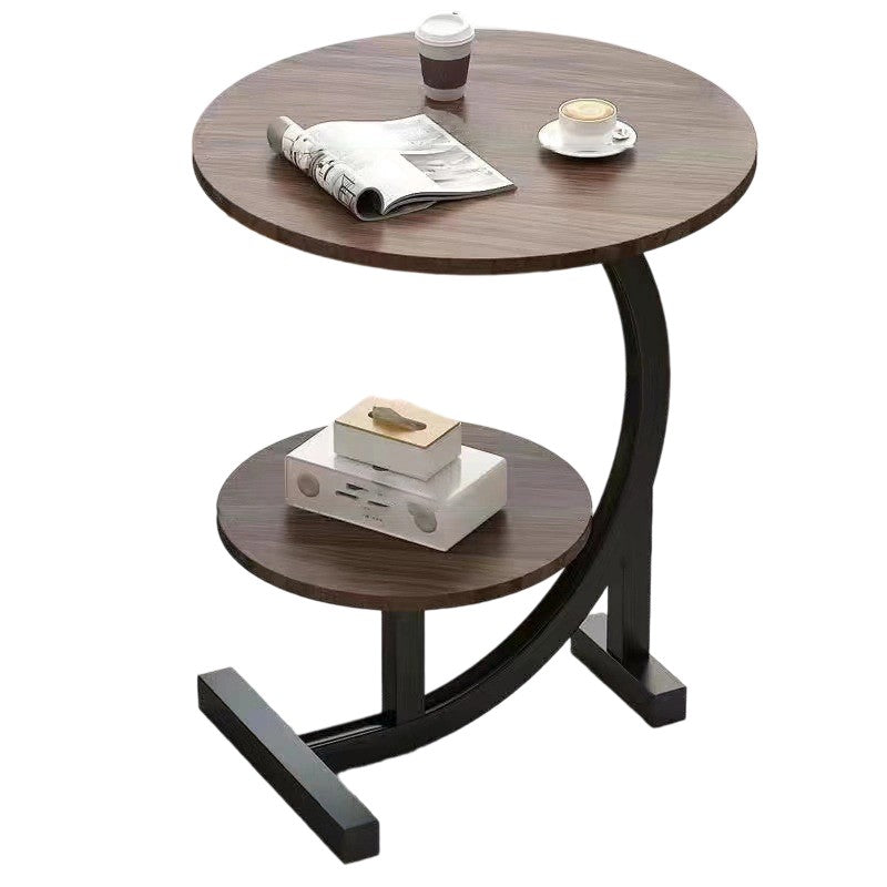 Contemporary Scandinavian Wood Iron C-Shaped Round End Table 2-Tier For Living Room