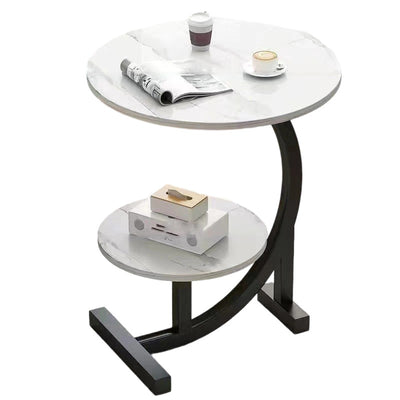 Contemporary Scandinavian Wood Iron C-Shaped Round End Table 2-Tier For Living Room