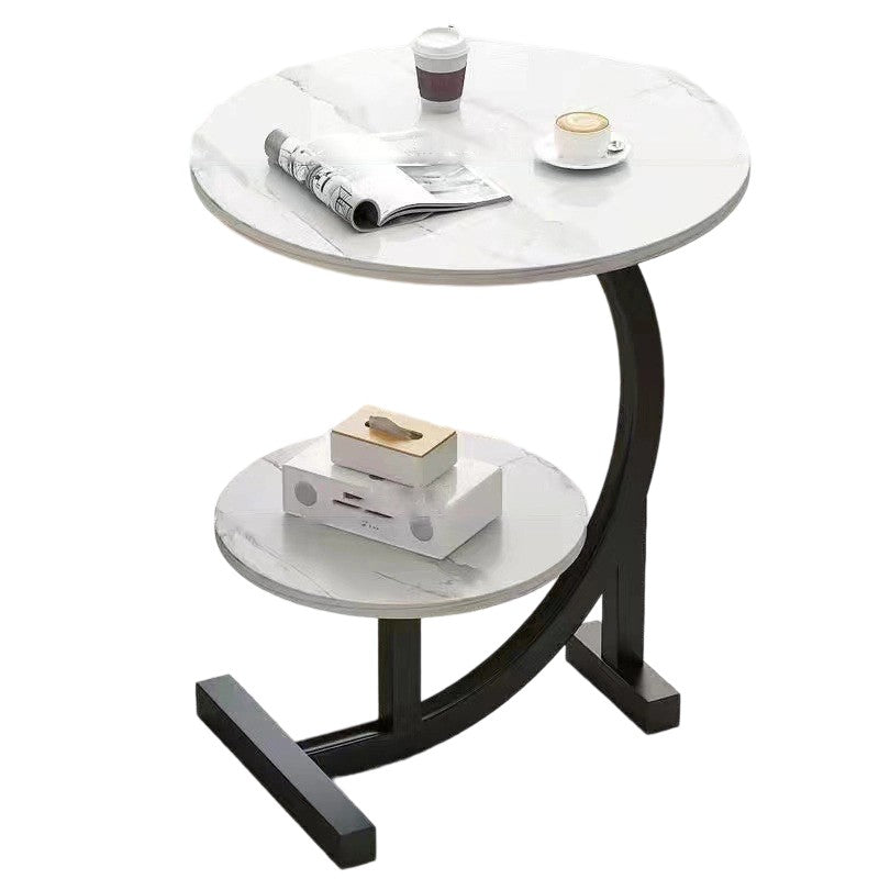 Contemporary Scandinavian Wood Iron C-Shaped Round End Table 2-Tier For Living Room