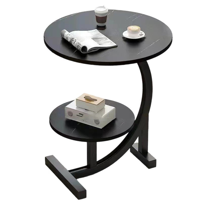 Contemporary Scandinavian Wood Iron C-Shaped Round End Table 2-Tier For Living Room