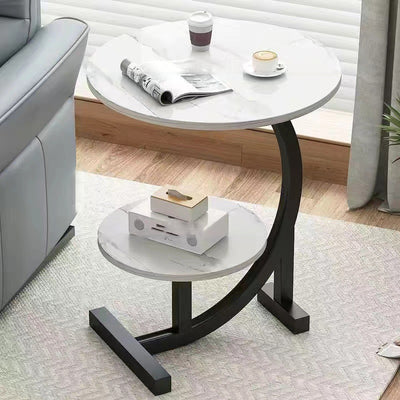 Contemporary Scandinavian Wood Iron C-Shaped Round End Table 2-Tier For Living Room