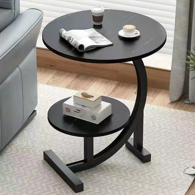 Contemporary Scandinavian Wood Iron C-Shaped Round End Table 2-Tier For Living Room
