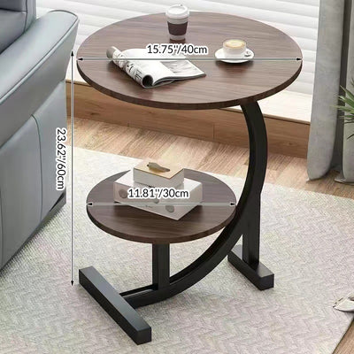 Contemporary Scandinavian Wood Iron C-Shaped Round End Table 2-Tier For Living Room