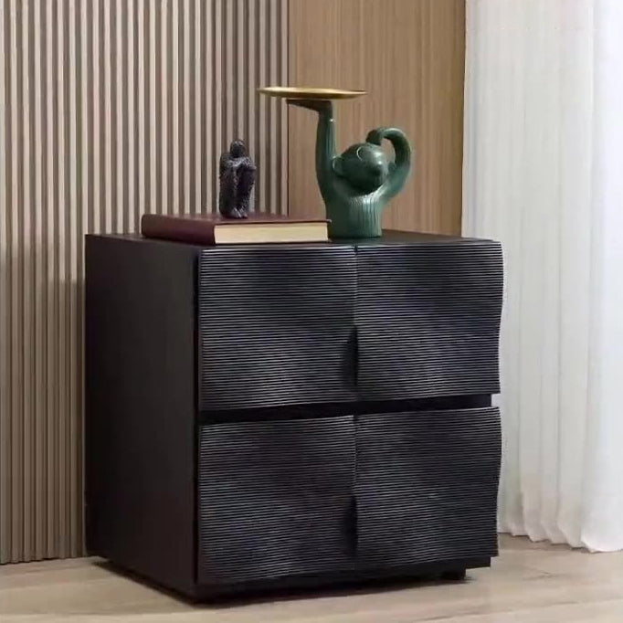 Mesita de noche contemporánea creativa de madera maciza cuadrada con textura ondulada con 2 cajones para dormitorio 