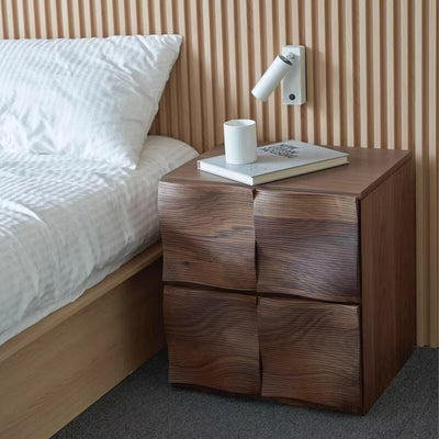 Contemporary Creative Solid Wood Square Ripple-Texture Nightstand With 2 Drawers For Bedroom