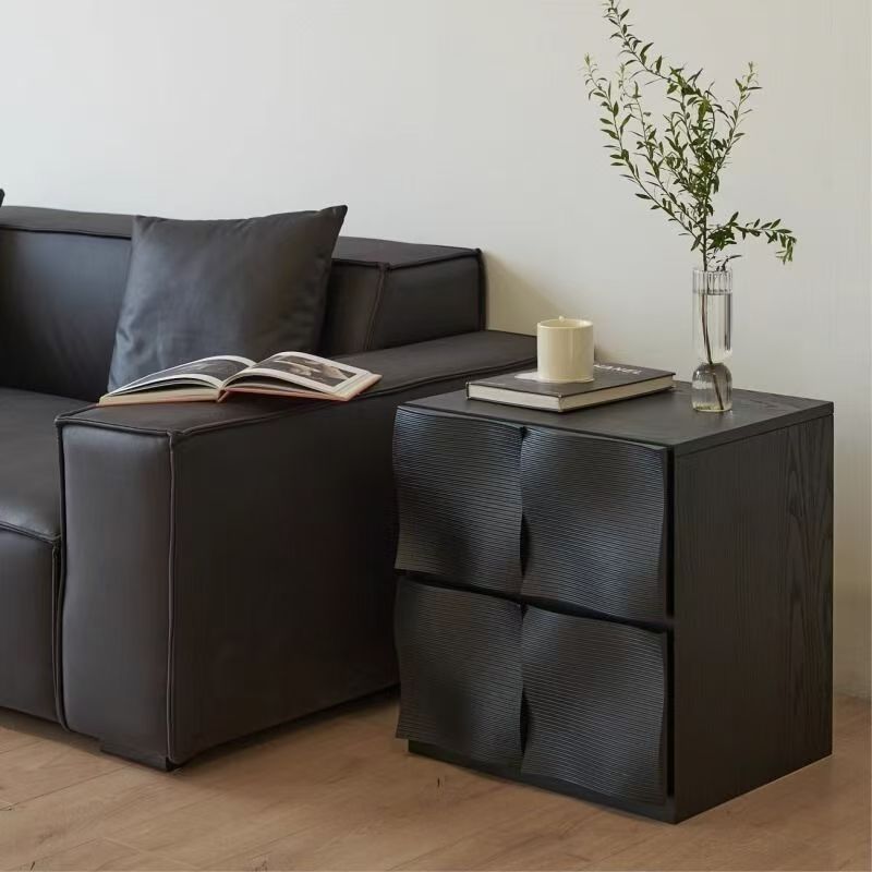 Contemporary Creative Solid Wood Square Ripple-Texture Nightstand With 2 Drawers For Bedroom