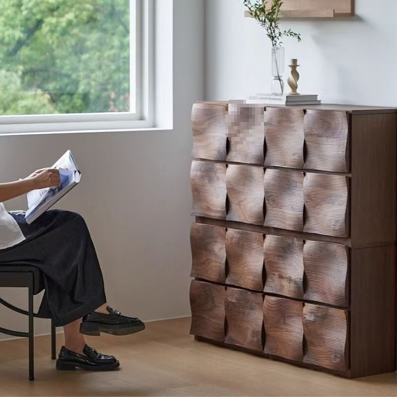Contemporary Creative Solid Wood Square Ripple-Texture Nightstand With 2 Drawers For Bedroom