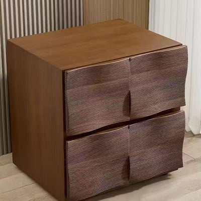 Contemporary Creative Solid Wood Square Ripple-Texture Nightstand With 2 Drawers For Bedroom