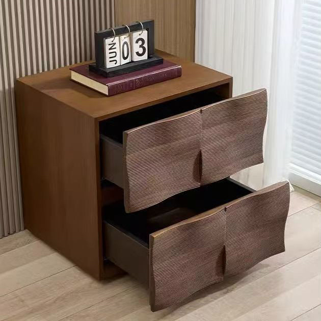 Contemporary Creative Solid Wood Square Ripple-Texture Nightstand With 2 Drawers For Bedroom