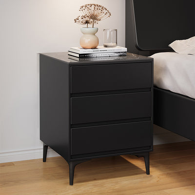 Modern Luxury Solid Wood Sintered Stone Metal Rectangular Nightstand With 3 Drawers For Bedroom