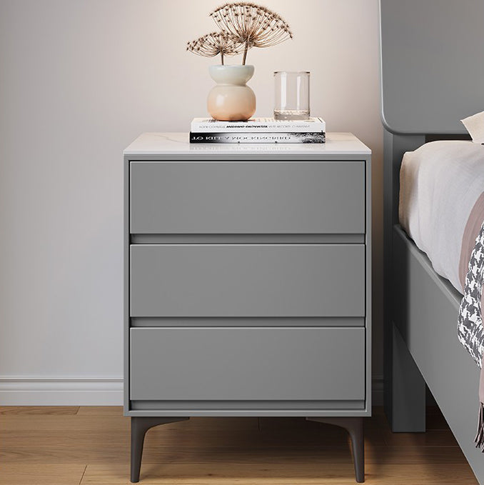 Modern Luxury Solid Wood Sintered Stone Metal Rectangular Nightstand With 3 Drawers For Bedroom