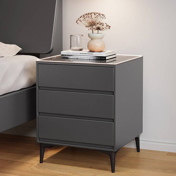 Modern Luxury Solid Wood Sintered Stone Metal Rectangular Nightstand With 3 Drawers For Bedroom