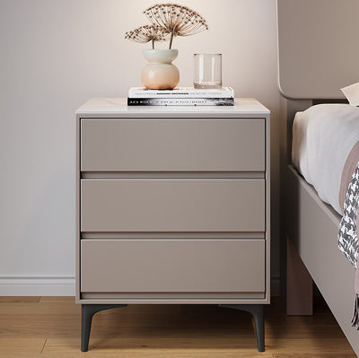 Modern Luxury Solid Wood Sintered Stone Metal Rectangular Nightstand With 3 Drawers For Bedroom