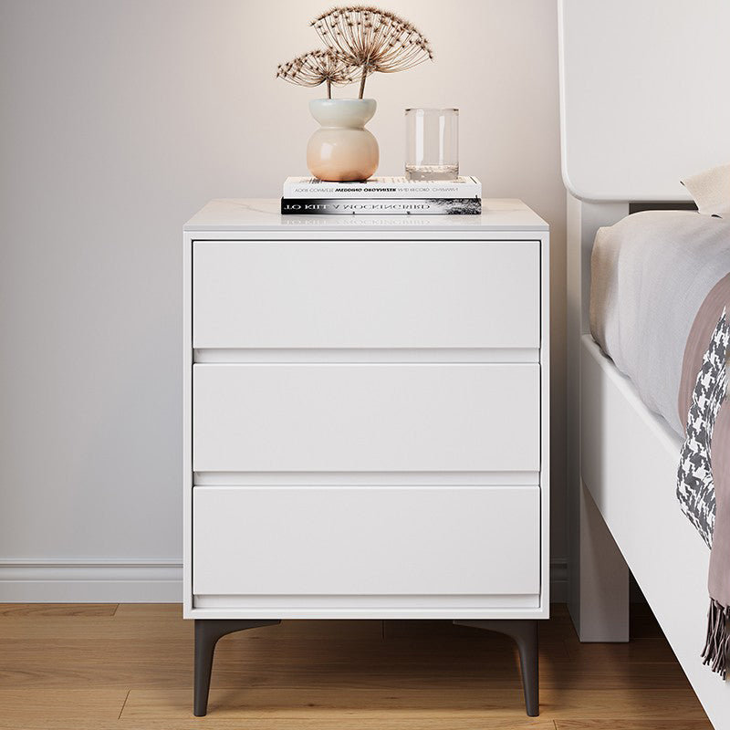 Modern Luxury Solid Wood Sintered Stone Metal Rectangular Nightstand With 3 Drawers For Bedroom