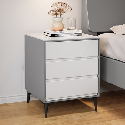 Modern Luxury Solid Wood Sintered Stone Metal Rectangular Nightstand With 3 Drawers For Bedroom
