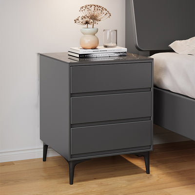 Modern Luxury Solid Wood Sintered Stone Metal Rectangular Nightstand With 3 Drawers For Bedroom