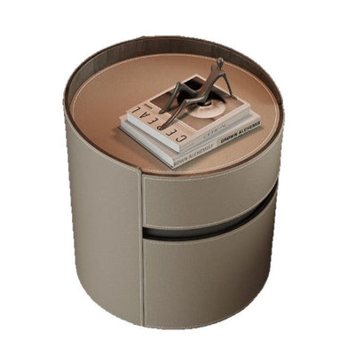 Traditional Vintage Saddle Leather Solid Wood Round Cylinder Nightstand With 2 Drawers For Bedroom