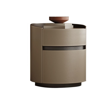 Traditional Vintage Saddle Leather Solid Wood Round Cylinder Nightstand With 2 Drawers For Bedroom