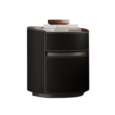 Traditional Vintage Saddle Leather Solid Wood Round Cylinder Nightstand With 2 Drawers For Bedroom