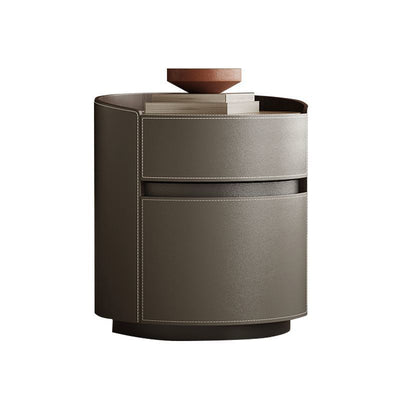 Traditional Vintage Saddle Leather Solid Wood Round Cylinder Nightstand With 2 Drawers For Bedroom