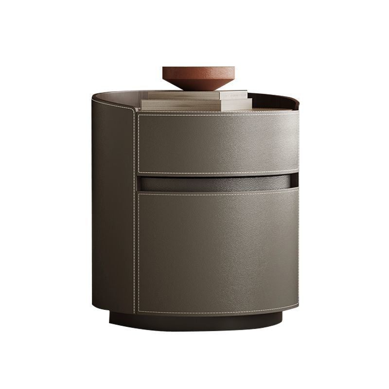 Traditional Vintage Saddle Leather Solid Wood Round Cylinder Nightstand With 2 Drawers For Bedroom