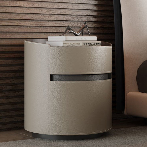 Traditional Vintage Saddle Leather Solid Wood Round Cylinder Nightstand With 2 Drawers For Bedroom
