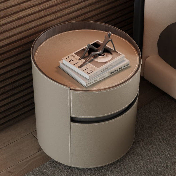 Traditional Vintage Saddle Leather Solid Wood Round Cylinder Nightstand With 2 Drawers For Bedroom