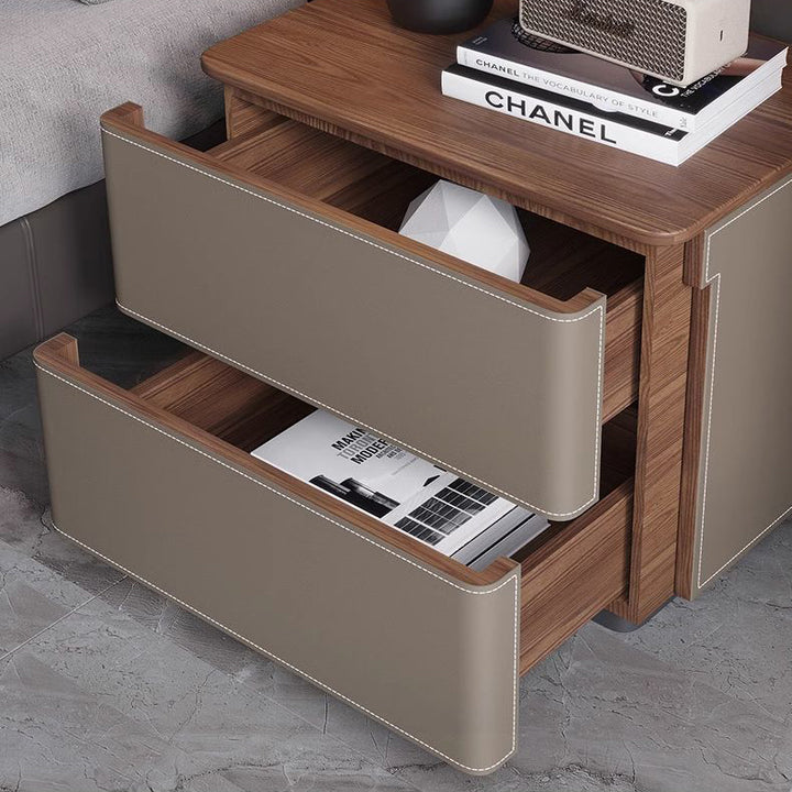 Table de nuit carrée arrondie en bois massif et cuir de luxe moderne avec 2 tiroirs pour chambre 
