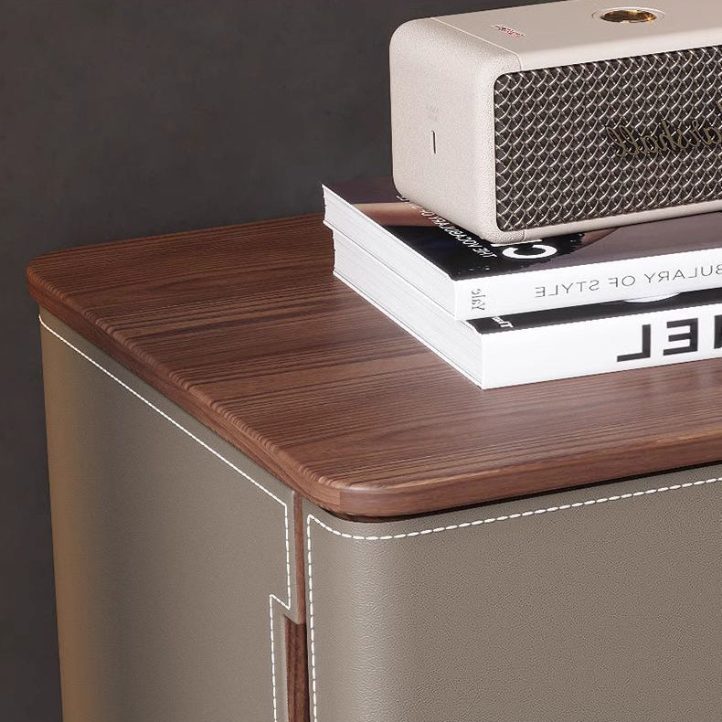 Modern Luxury Saddle Leather Solid Wood Rounded Square Nightstand With 2 Drawers For Bedroom