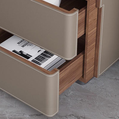 Modern Luxury Saddle Leather Solid Wood Rounded Square Nightstand With 2 Drawers For Bedroom