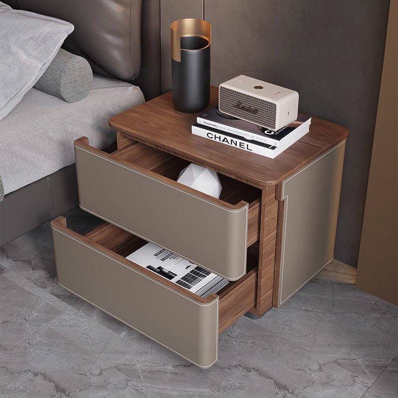 Modern Luxury Saddle Leather Solid Wood Rounded Square Nightstand With 2 Drawers For Bedroom