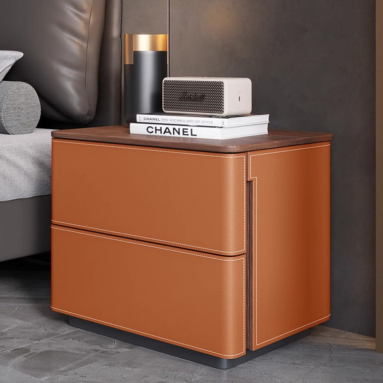 Modern Luxury Saddle Leather Solid Wood Rounded Square Nightstand With 2 Drawers For Bedroom