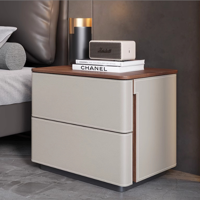 Modern Luxury Saddle Leather Solid Wood Rounded Square Nightstand With 2 Drawers For Bedroom