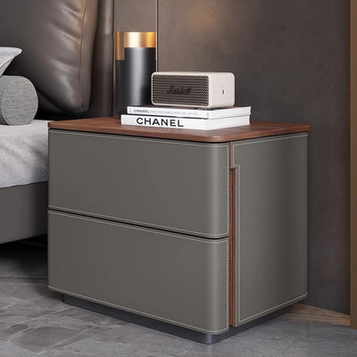 Modern Luxury Saddle Leather Solid Wood Rounded Square Nightstand With 2 Drawers For Bedroom
