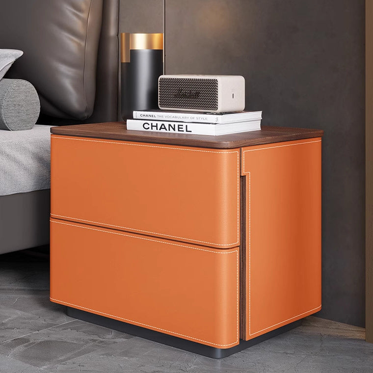 Modern Luxury Saddle Leather Solid Wood Rounded Square Nightstand With 2 Drawers For Bedroom