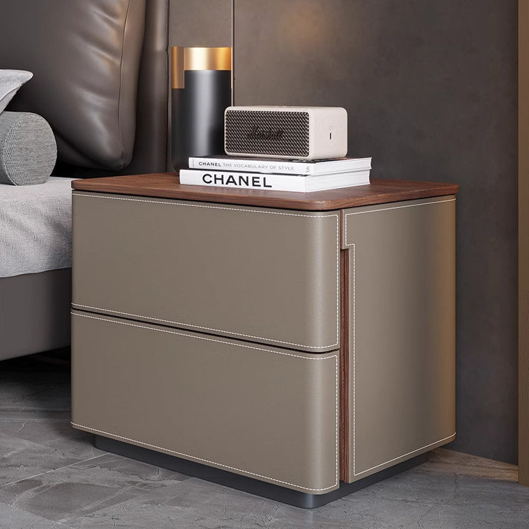 Modern Luxury Saddle Leather Solid Wood Rounded Square Nightstand With 2 Drawers For Bedroom