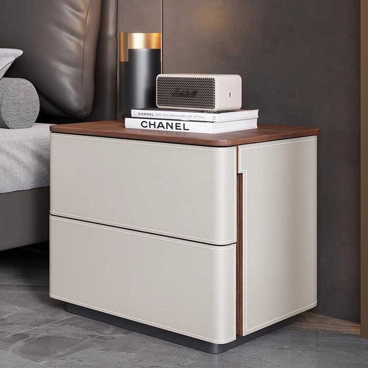 Table de nuit carrée arrondie en bois massif et cuir de luxe moderne avec 2 tiroirs pour chambre 