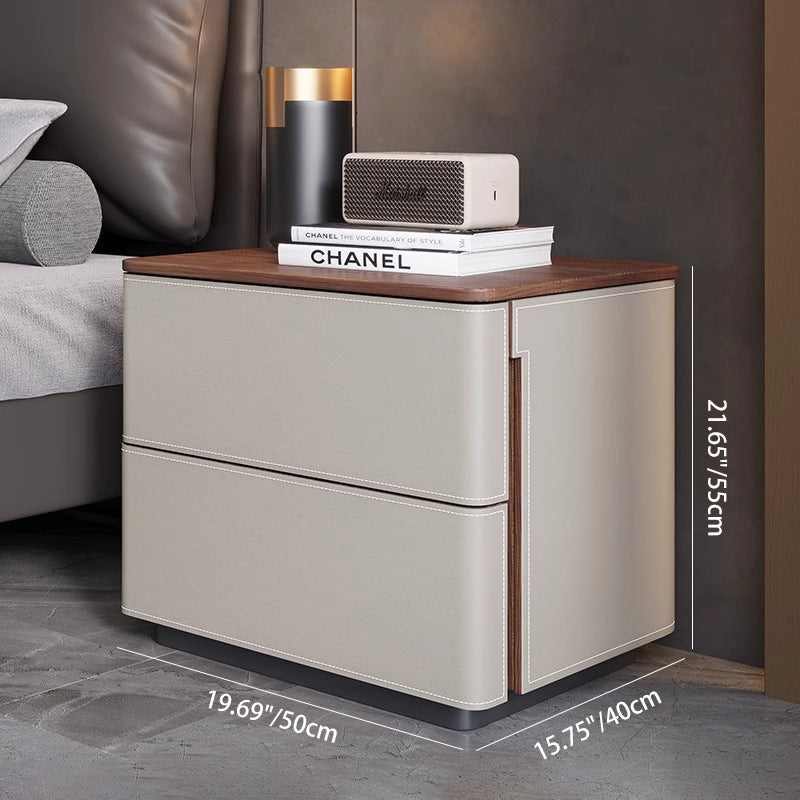 Modern Luxury Saddle Leather Solid Wood Rounded Square Nightstand With 2 Drawers For Bedroom