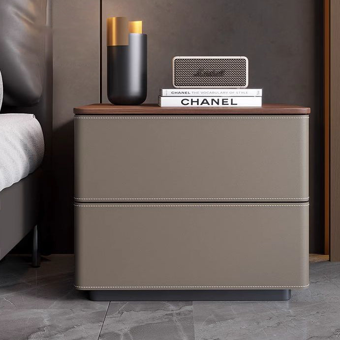 Modern Luxury Saddle Leather Solid Wood Rounded Square Nightstand With 2 Drawers For Bedroom