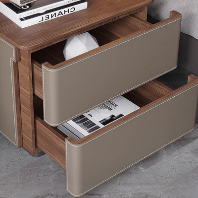 Modern Luxury Saddle Leather Solid Wood Rounded Square Nightstand With 2 Drawers For Bedroom