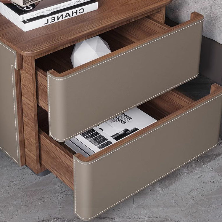 Modern Luxury Saddle Leather Solid Wood Rounded Square Nightstand With 2 Drawers For Bedroom
