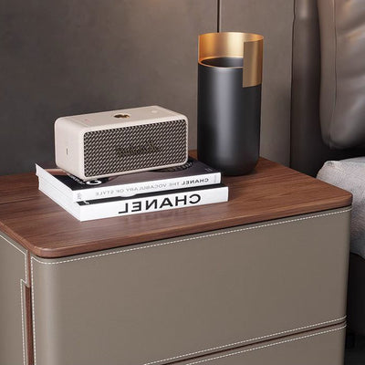 Modern Luxury Saddle Leather Solid Wood Rounded Square Nightstand With 2 Drawers For Bedroom