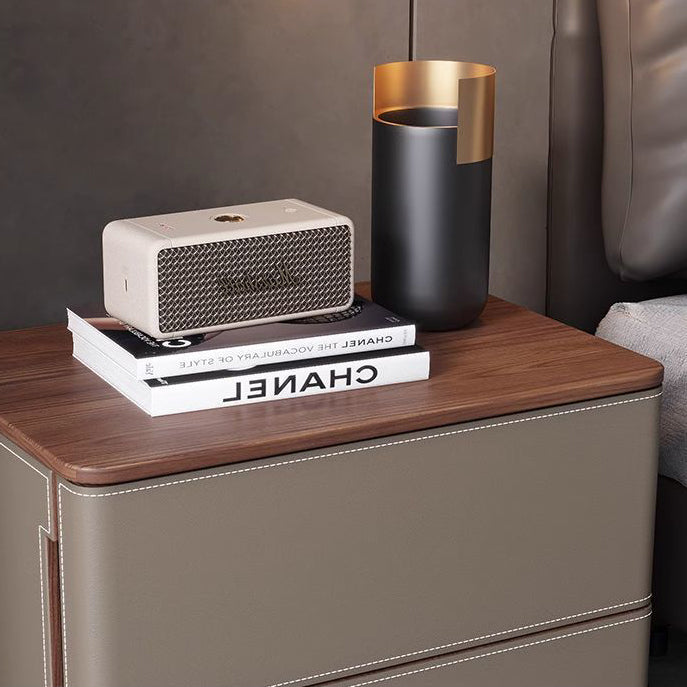 Modern Luxury Saddle Leather Solid Wood Rounded Square Nightstand With 2 Drawers For Bedroom