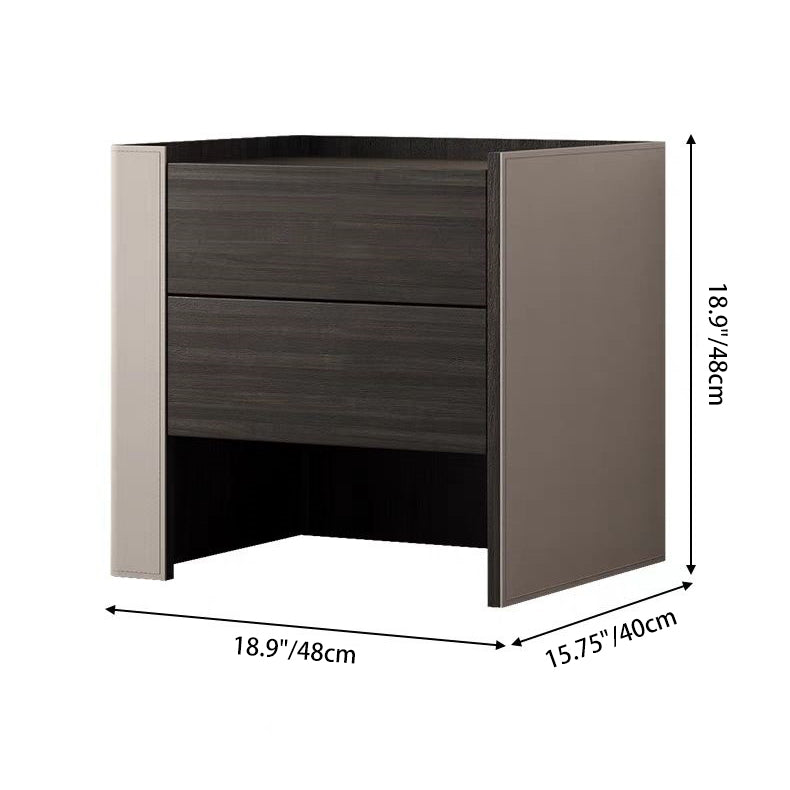 Zeitgenössischer kreativer Nachttisch aus Massivholz mit Sattelleder, quadratisch abgerundet, mit 2 Schubladen für das Schlafzimmer 
