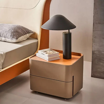 Modern Luxury Saddle Leather Solid Wood Rounded Square Nightstand With 2 Drawers For Bedroom