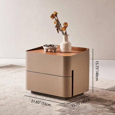Modern Luxury Saddle Leather Solid Wood Rounded Square Nightstand With 2 Drawers For Bedroom