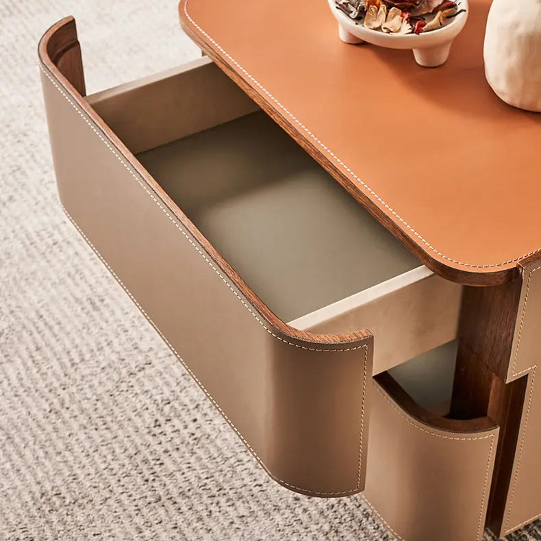 Modern Luxury Saddle Leather Solid Wood Rounded Square Nightstand With 2 Drawers For Bedroom