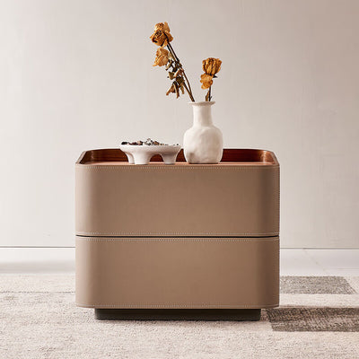 Modern Luxury Saddle Leather Solid Wood Rounded Square Nightstand With 2 Drawers For Bedroom