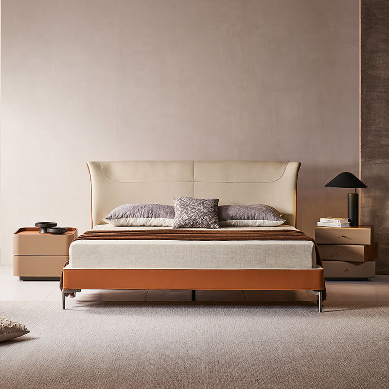 Modern Luxury Saddle Leather Solid Wood Rounded Square Nightstand With 2 Drawers For Bedroom